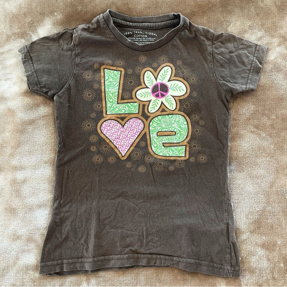 Faded Glory Girls Love Peace Graphic Tee - Brown Floral Transitional Size 7/8